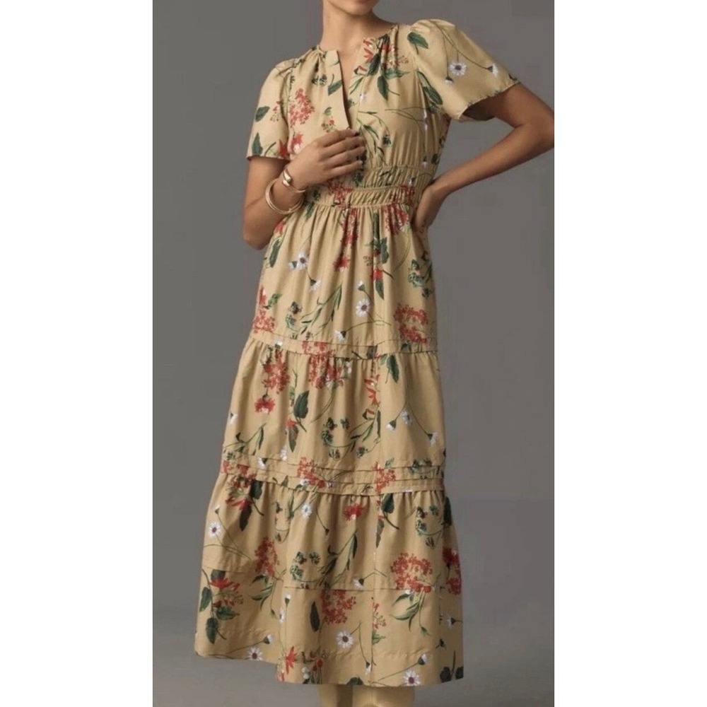Anthropologie The Somerset Maxi Dress Tan Red Floral Smocked Tiered V-Neck L